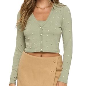 2 Pcs Faux Pearl Crop Tank Top And Cardigan Set